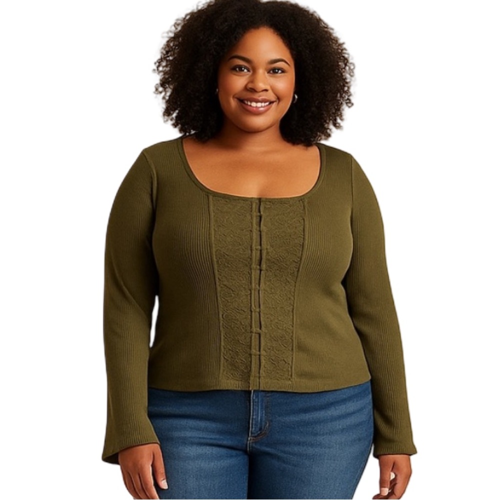 Arizona Lace Front Ribbed Top Moss Green XXL Women’s Long Sleeve Layering